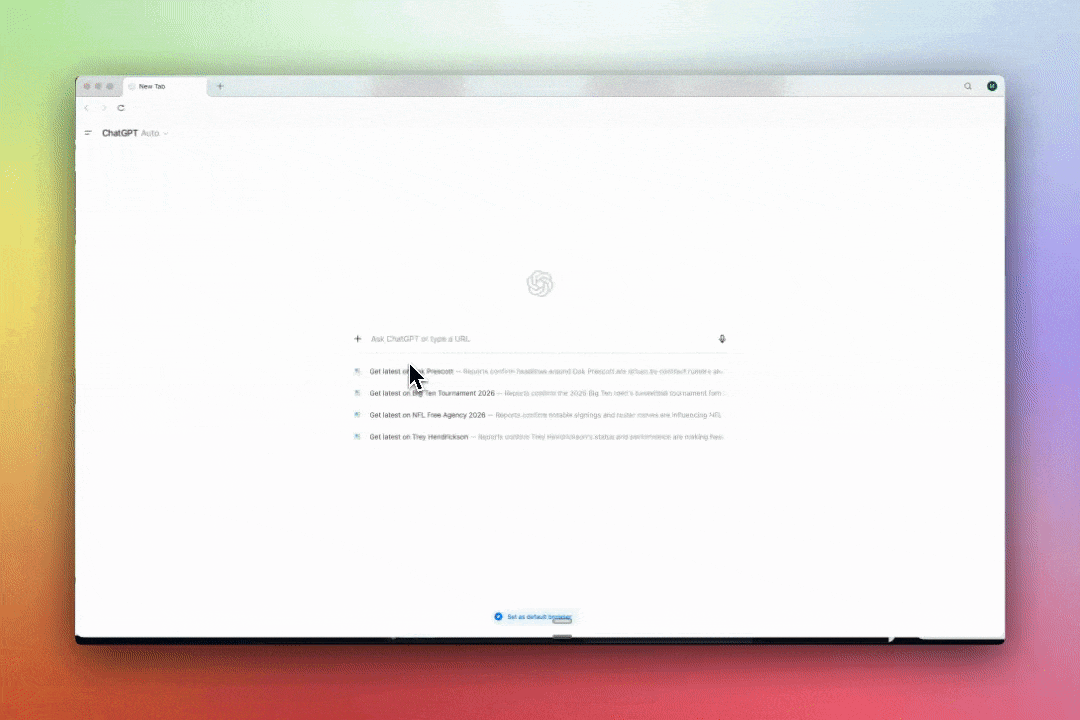 Full recording of ChatGPT Atlas session — multiple confirmations, generic result
